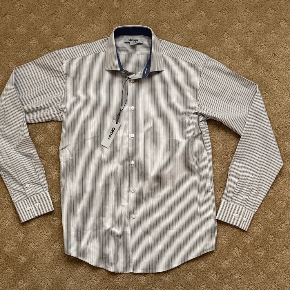 DKNY Men's Pinstripe Dress Shirt - Blue, Gray and White